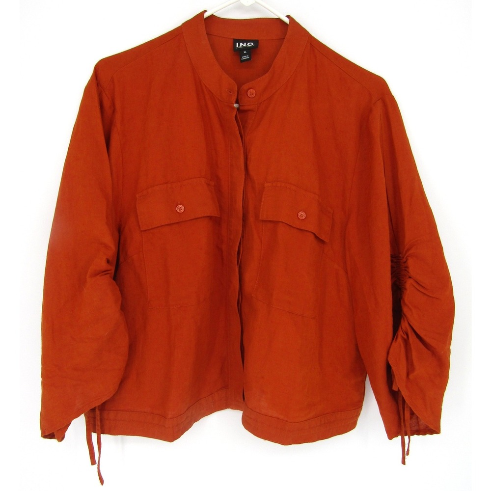 INC International Concepts Jacket Womens XL Orange Linen Blend Ruched Sleeve
